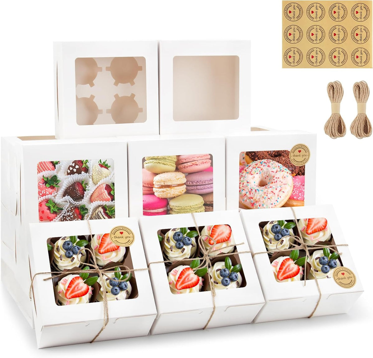 OAMCEG 50 PCS White Cupcake Boxes with Window and Insert, 6x6x3 Inch Kraft Treat Boxes with 4 Cavity for Cookies, Pastries, Desserts, with Stickers & Jute Twine