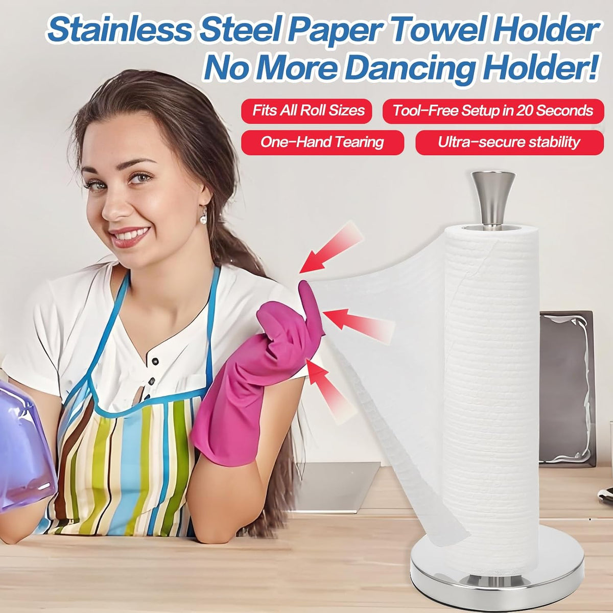 Stainless Steel Paper Towel Holder – Heavy-Duty Base & Suction Cup, Non-Slip for Countertops, One-Hand Tear Design, Fits All Roll Sizes