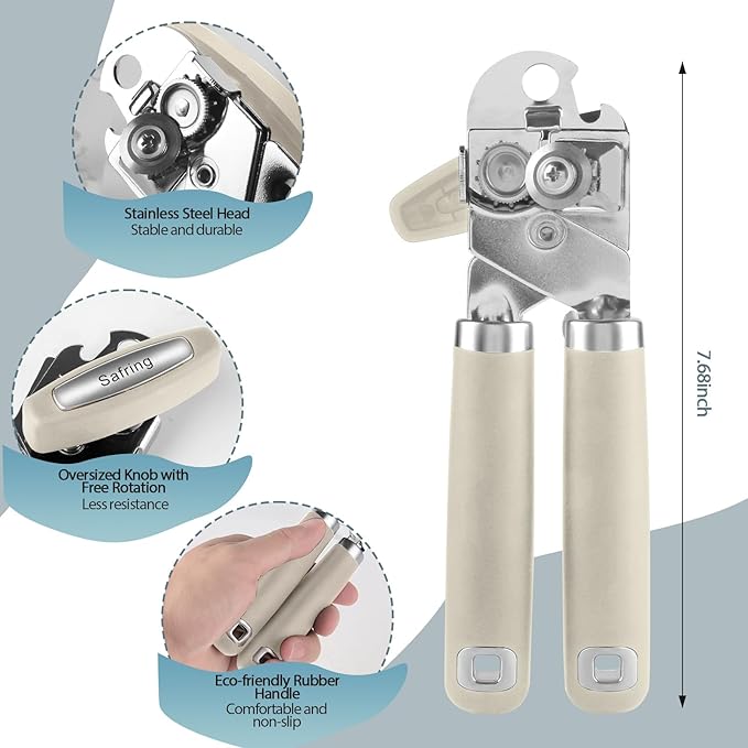 Can Opener Manual, Heavy Duty Handheld Strong Can Opener with Soft Touch Handle, Sharp Blade Smooth Edge, Can Openers with Multifunctional Bottle Opener, Beige