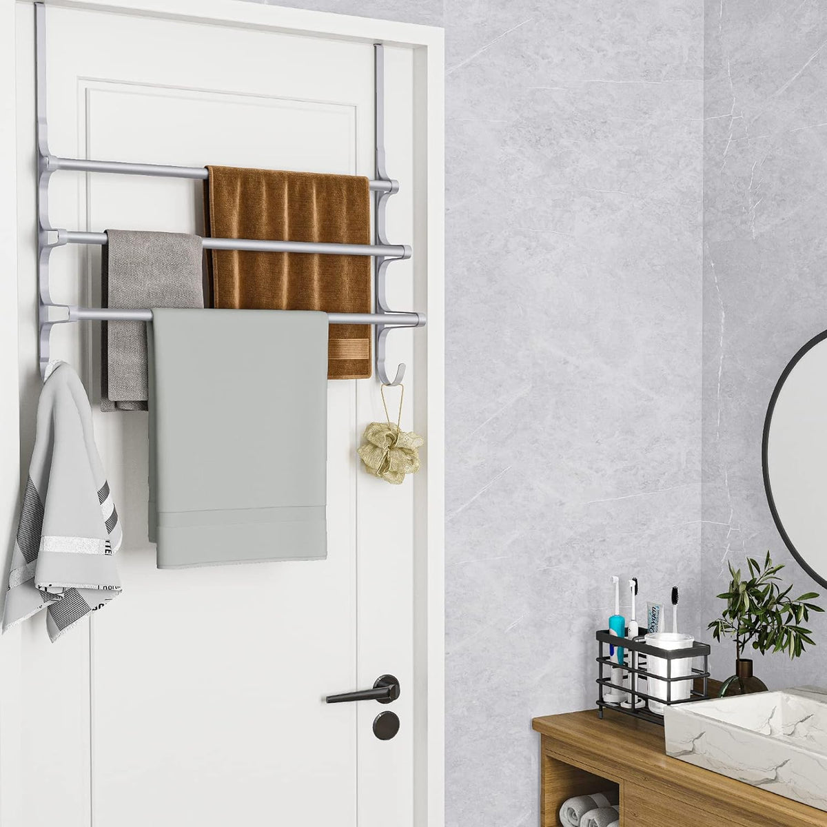 Over The Door Towel Rack, Over Door Towel Rack for Bathroom Door, Triple Towel Storage Holder with Hooks (Silver Gray, 20.15" L)