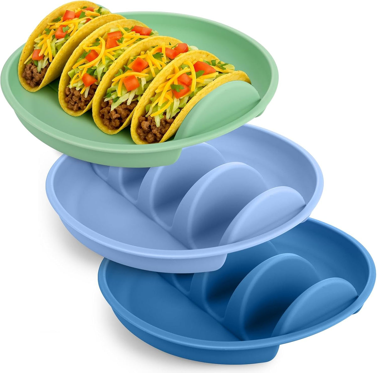 Silicone Taco Holder Plates Set of 3 - Reusable Taco Stand Plates with 4-Shell Slots, Oven/Microwave/Dishwasher Safe, Non-Slip Base for Tortillas Party Serving, Family Dinner & Meal Prep Accessories
