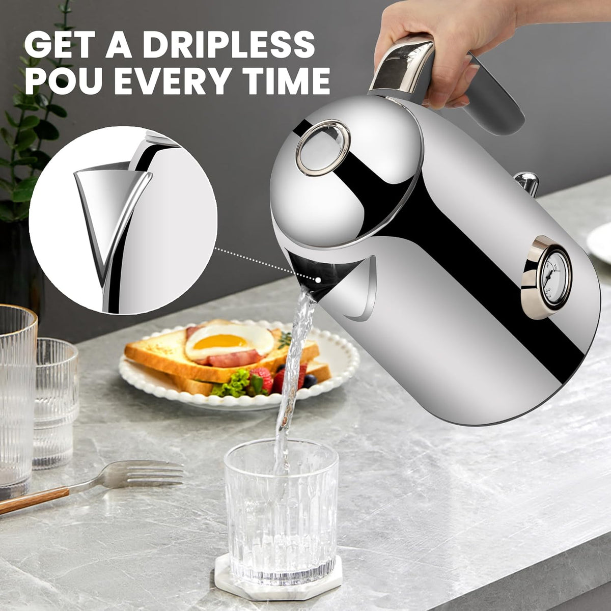 SUSTEAS Electric Kettle - 57oz Hot Tea Water Boiler with Thermometer, 1500W Fast Heating Stainless Steel Pot, Cordless LED Indicator, Auto Shut-Off & Boil Dry Protection, Silver