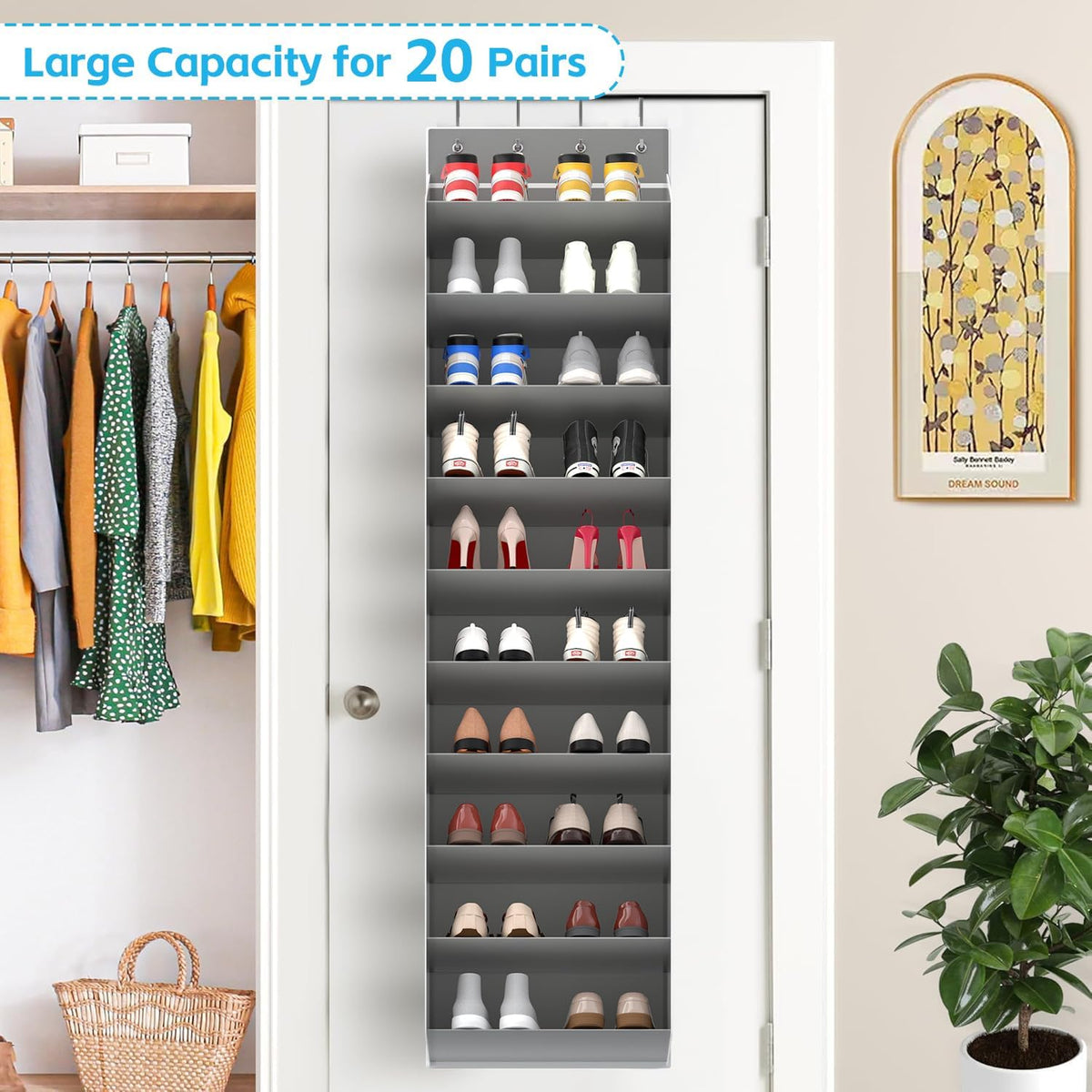 REGELETO 10 Tiers Large Size Over Door Shoe Organizer Storage, Hanging Shoe Rack for Door with Deep Pockets, Fit 20-30 Pairs Shoe Organizer Holder for Sneakers and Boots (Grey)