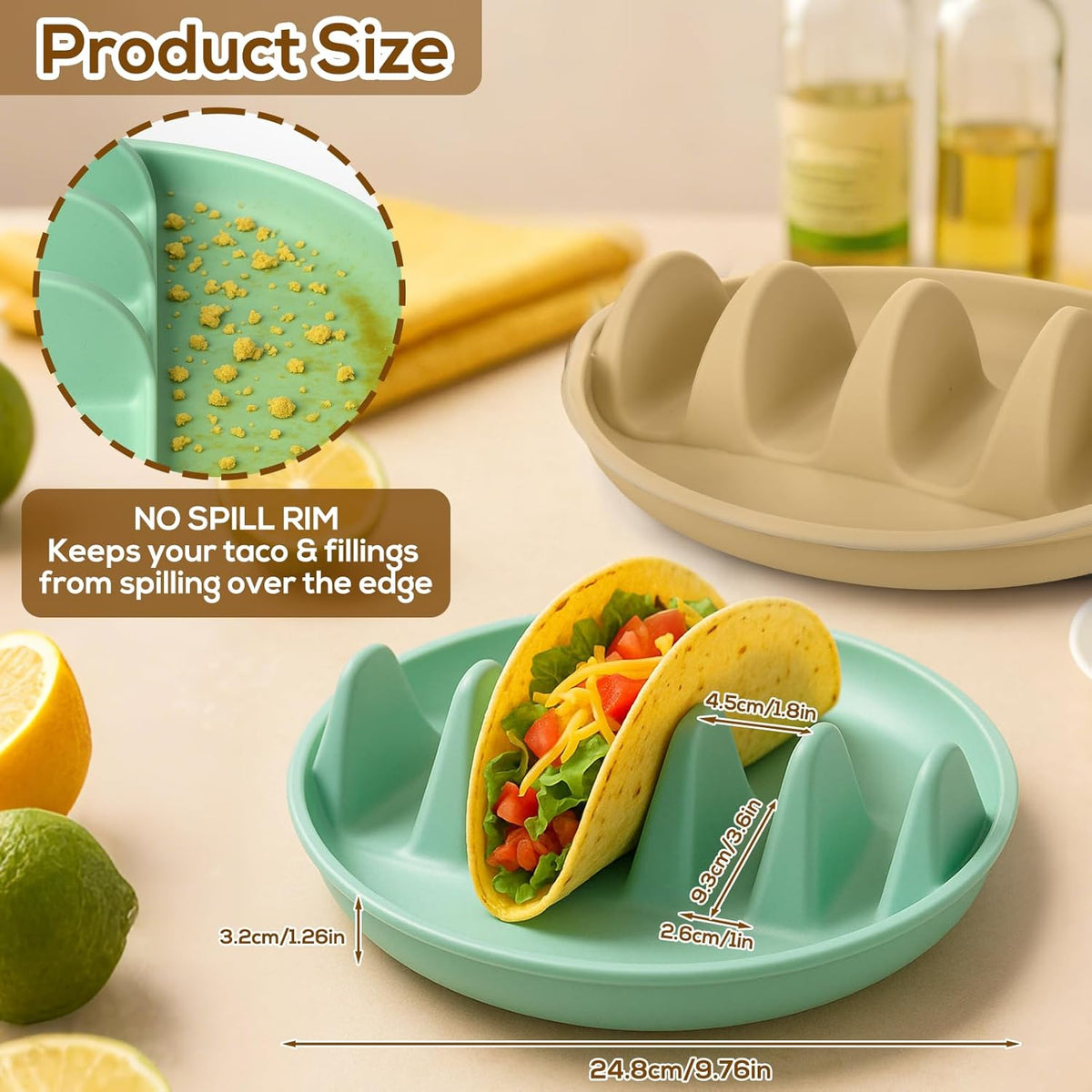 Silicone Taco Holder Plates Set of 2 - Reusable Taco Stand Plates with 4-Shell Slots, Oven/Microwave/Dishwasher Safe, Non-Slip Base for Tortillas Party Serving, Family Dinner & Meal Prep Accessories