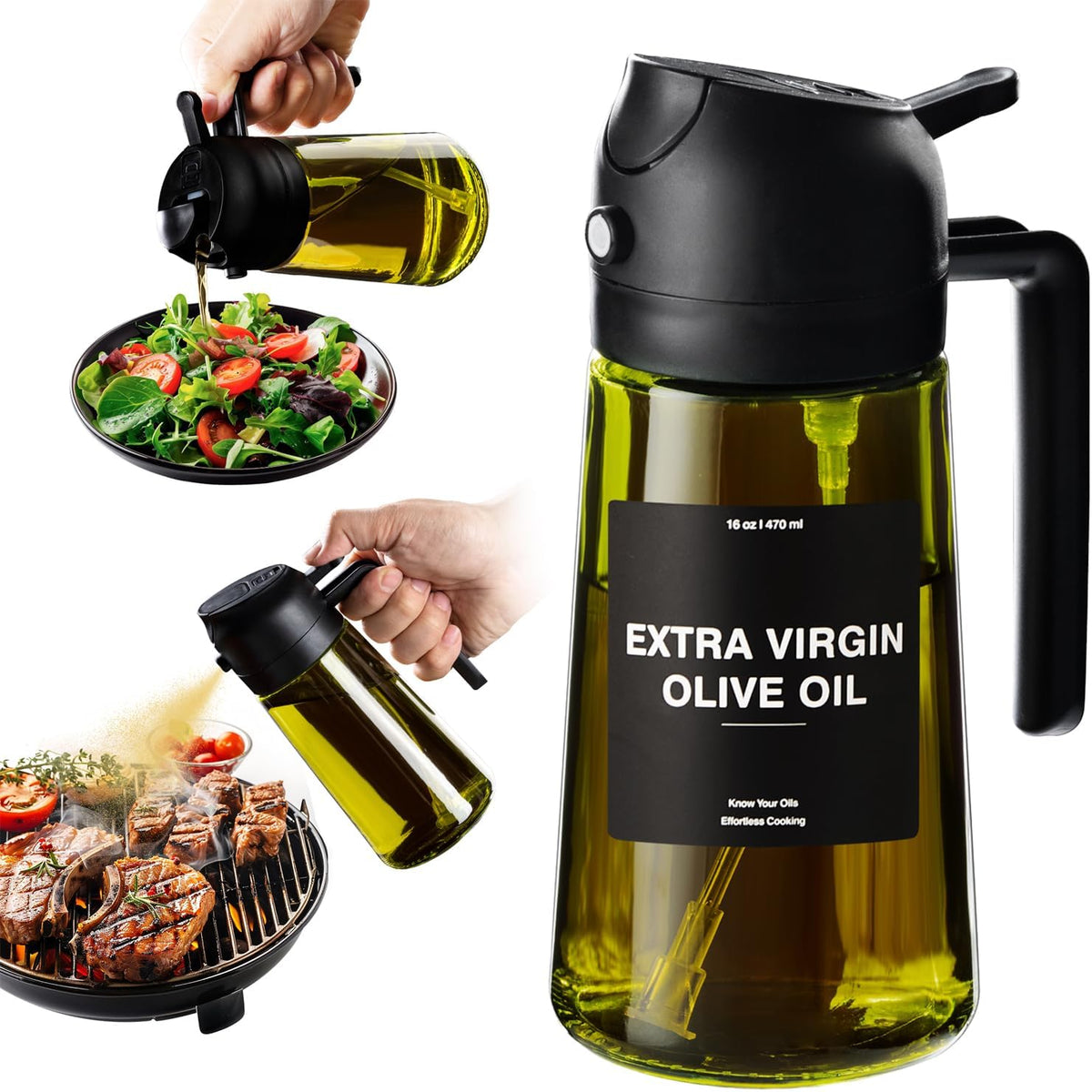 CXINYI - 16oz/470ml Olive Oil Dispenser for Kitchen with Stickers - 2 in 1 Olive Oil Sprayer for Cooking, Air Fryer, and Salad, Black (Light-Proof Kitchen Gadget)