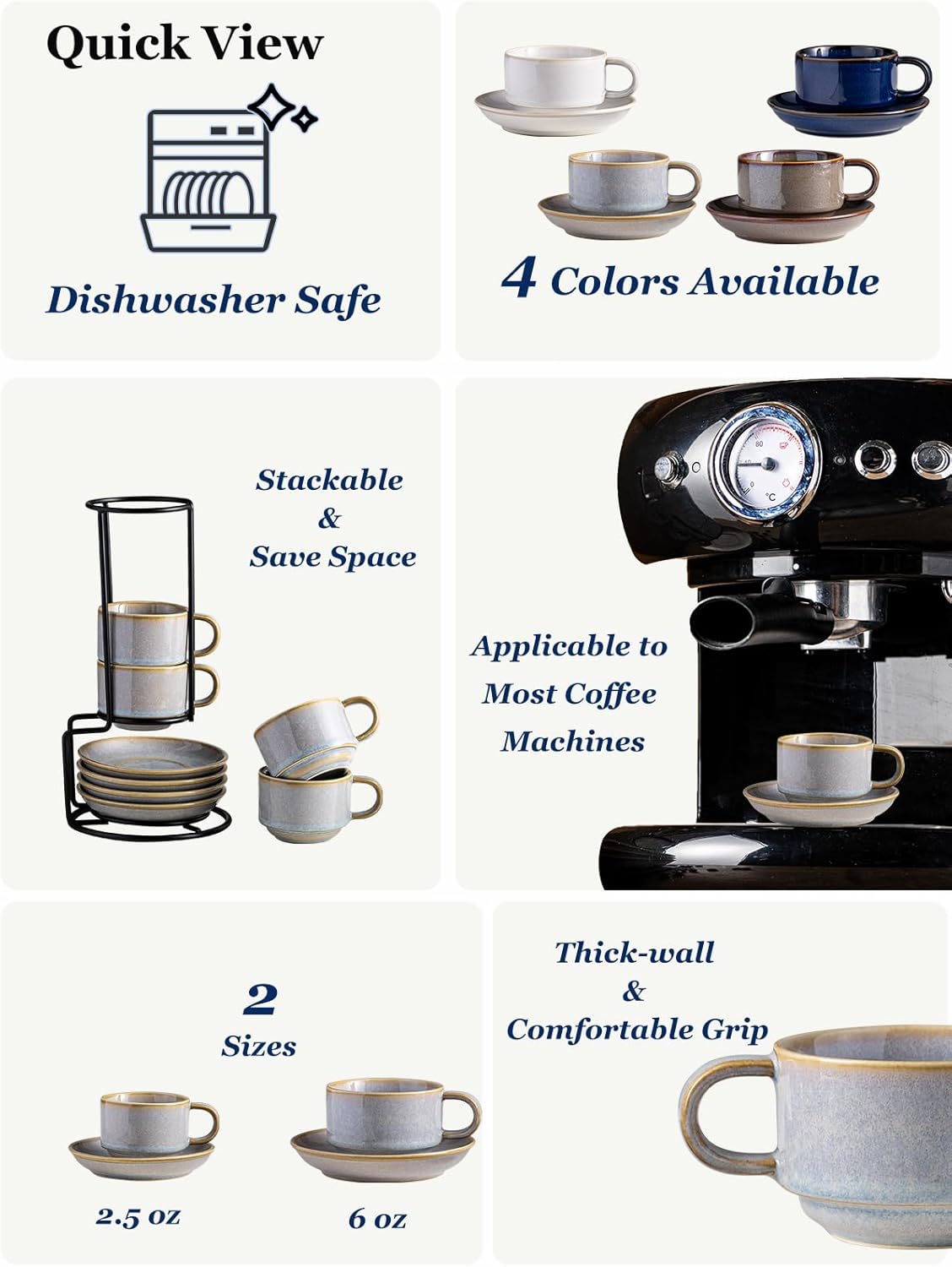 Gomakren 2.5 Ounce Espresso Cups Set of 4, Small Stackable Coffee Cups with Saucers and Metal Stand, Porcelain Demitasse Cups for Specialty Coffee Drinks, Espresso, Cappuccino, Latte, Tea, Gray