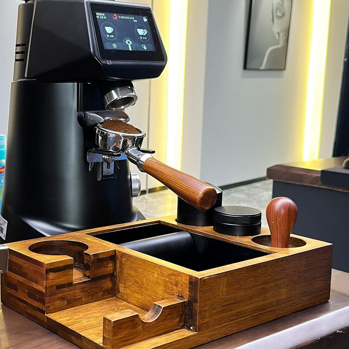 13.4'' Large Espresso Knock Box and Tamping Station, Solid Wood Espresso Accessories Organizer Box for 51MM-58MM Tamper, Distributor, Portafilter, High-Capacity Espresso Coffee Organizer