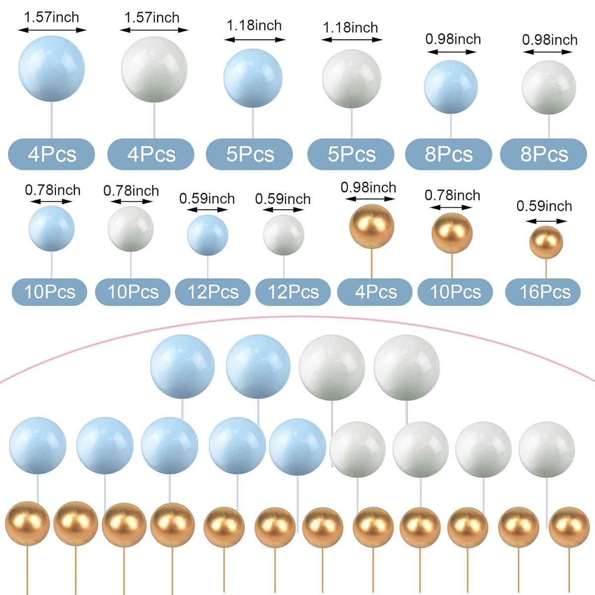 108 Pcs Balls Cake Topper DIY Cupcake Insert Foam Balloons for Cake Baking Wedding Anniversary Birthday Decoration(Blue, White, Gold,Multi Sizes)