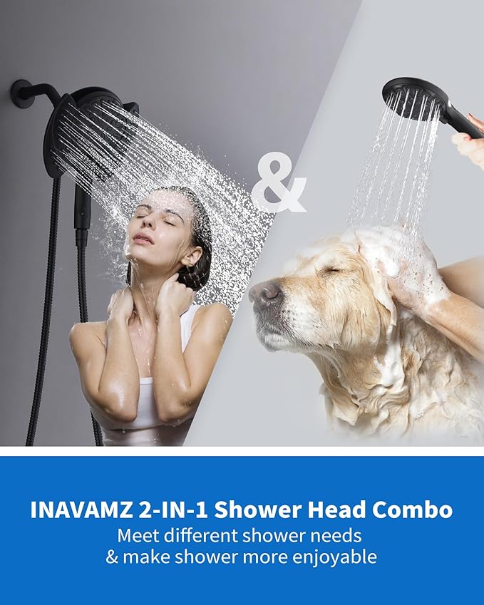2-in-1 Shower Head with Handheld Combo: 2.5GPM Rainfall & Handheld Shower Head Use Together or Alone, 9 Spray Settings Hand Held Shower Head with Hose, Black