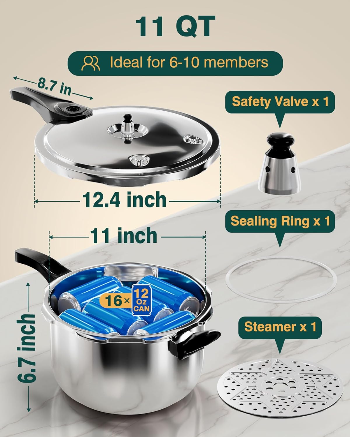 WantJoin Stainless Steel Pressure Cooker(Non-Aluminum),11 Quart Induction Compatible Pressure Cooker with Spring Valve Safeguard Devices,Compatible with Gas & Induction Cooker