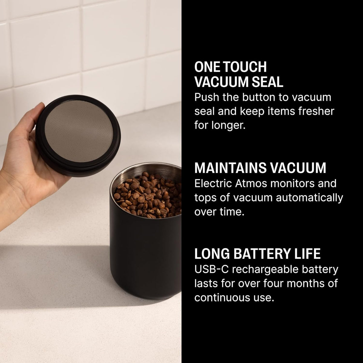 Fellow Atmos Electric Vacuum Canister & Storage Container - Airtight Coffee & Food Storage Containers - Coffee Containers - (Matte Black, 1.2 Liter)