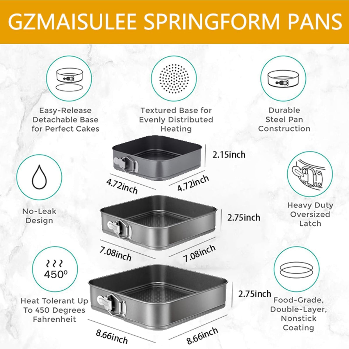 Springform Cake Pan Set of 3 (4, 7, 9 Inch) Square Leakproof Nonstick Cheesecake Pans with Removable Bottom Carbon Steel Bakeware