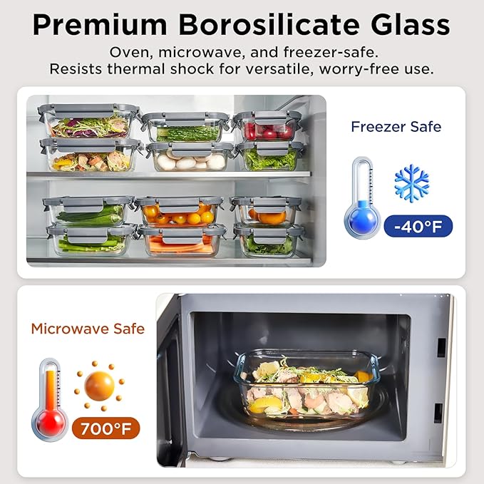 Glass Food Storage Containers with Lids, 5 Pack of 36oz, Glass Meal Prep Container with Airtight Lids, Microwave Safe Food Container Set, BPA Free, LeakProof, Ideal for Lunch