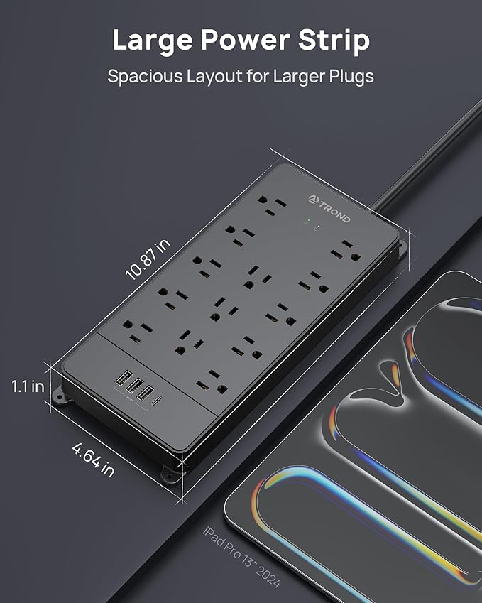 TROND Surge Protector Power Strip, 4000 Joules, ETL Listed, 13 Widely-Spaced Outlets Expansion with USB C Ports, Low-Profile Flat Plug, Wall Mountable, 5ft Extension Cord, 14AWG Heavy Duty, Black