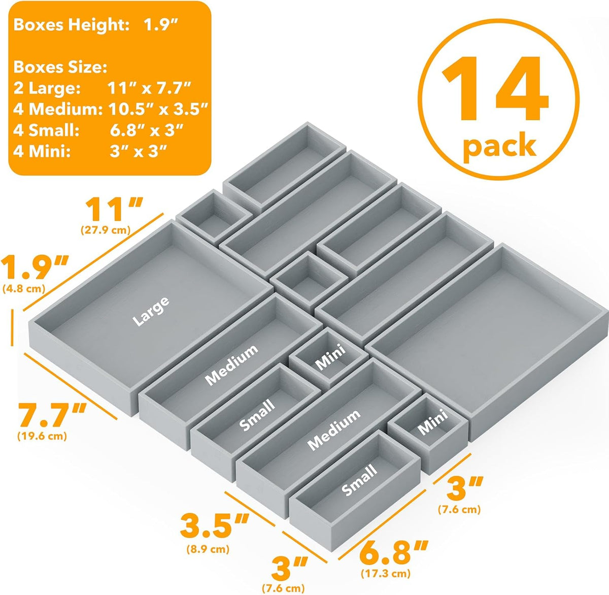 SpaceAid 14-Piece Bamboo Drawer Organizer Storage Boxes Set, Wood Tray Junk Drawer Organizers Multi-Use Divider Bins for Kitchen, Bathroom, Office Desk and Makeup Organization (14 Pack, Gray)