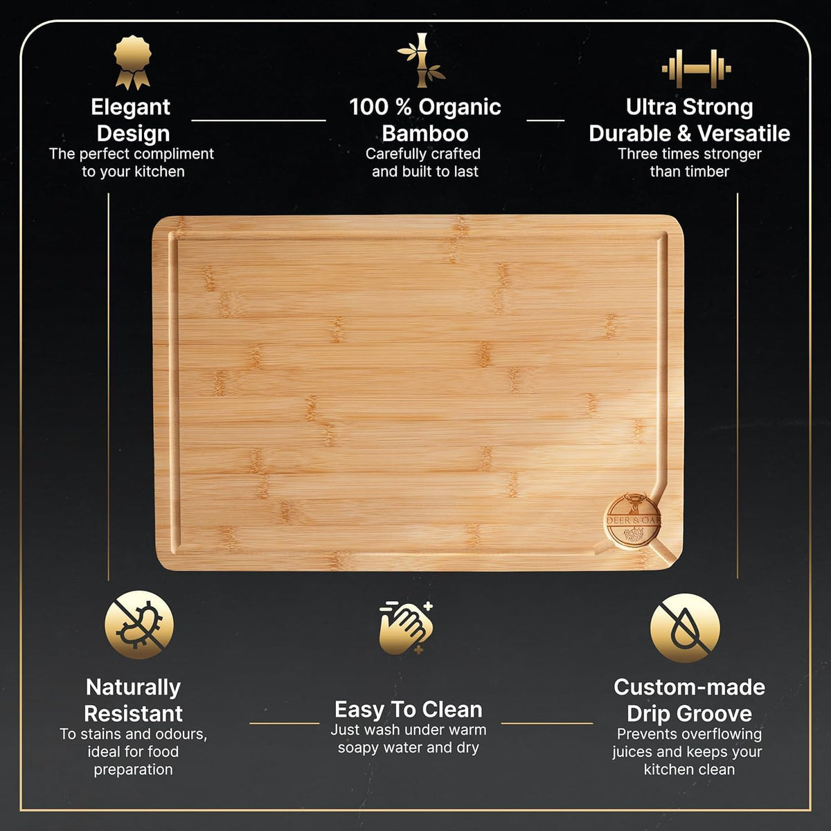 Deer & Oak Premium Extra Large Bamboo Cutting Board - 17.3" x 11.8" x 0.8" Wooden Chopping Board for Meat and Vegetables, Pre-Oiled, Water Resistant, Knife Friendly