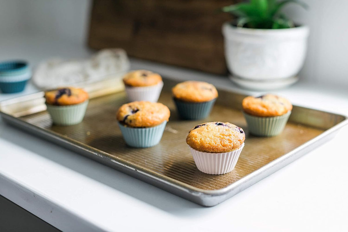 The Silicone Kitchen Reusable Silicone Baking Cup Silicone Muffin Liners for Cupcakes, BPA Free, Regular, 24 Pack, White Blue Green