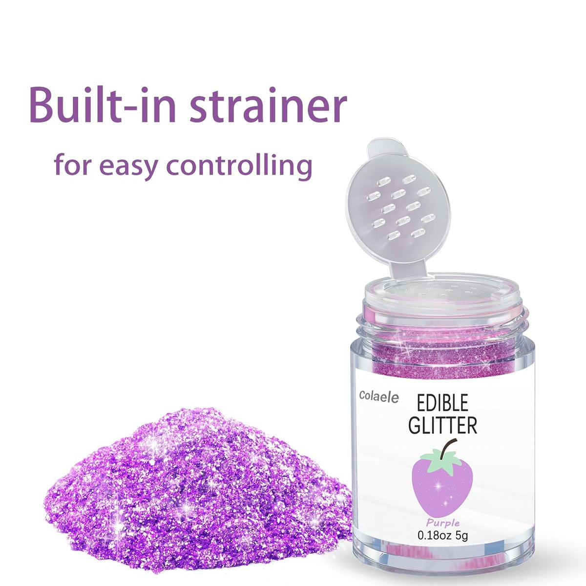 Purple Edible Glimmer Powder Glitter, Colaele 5 grams Food-Grade Luster Dust Metallic Fancy Food Decorating Sprinkle Glimmery Brew Dust for Cake Decorations Drinks Wine Beverage Candy Dessert, Vegan
