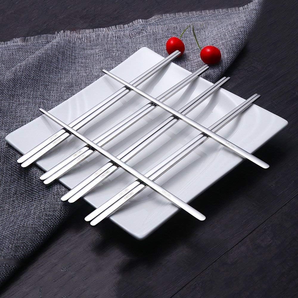 Buyer Star 5 Pairs Silver Flat Chopsticks - Reusable Metal Stainless Steel Chinese Chopsticks Set with Case