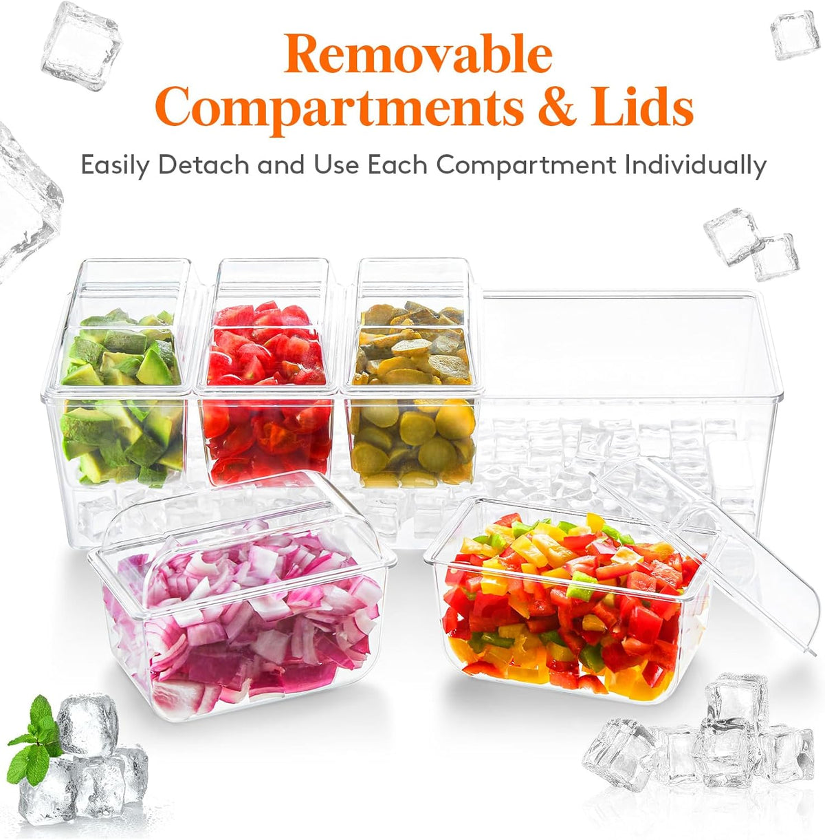 Lifewit Taco Bar Serving Set for Party with 5 Containers(2.5 Cup) & Components, Large Ice Chilled Condiment Caddy Organizer, Garnish Serving Tray Platter for Mimosa Bar Accessories, Fruit, Salad, Food