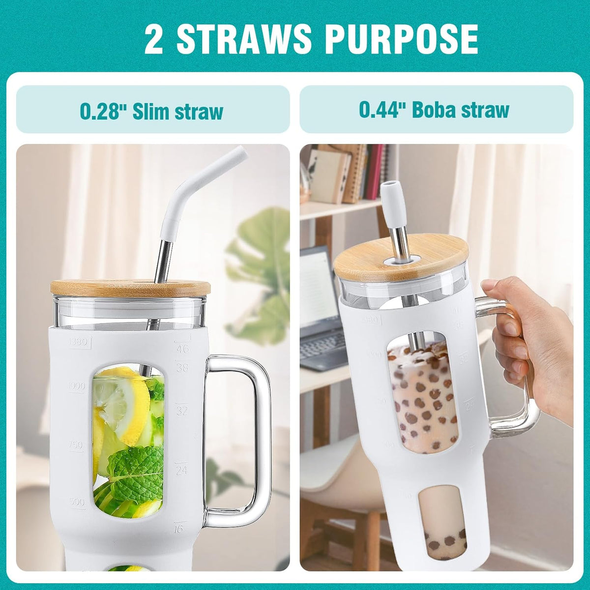 Glass Tumbler with Lid and Straw, 46 oz Iced Coffee Cup with Handle, Large Water Bottles with Silicone Sleeve, Glass Cup with Straws - Pearl Straw & Drinking Straw BPA Free-White