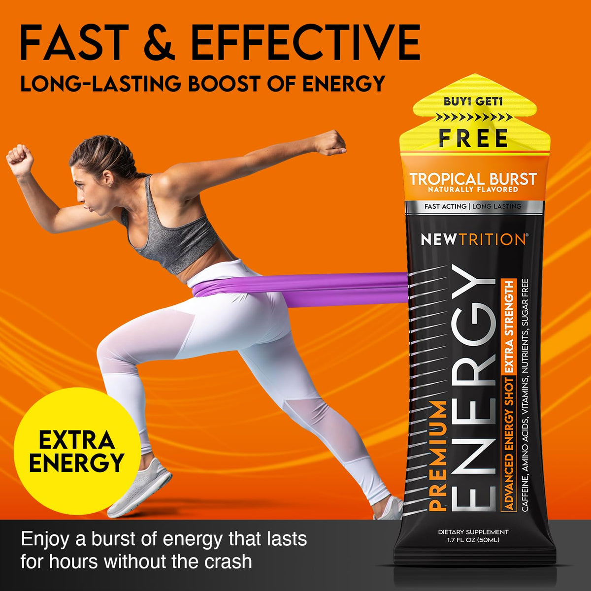NewTrition® Extra Strength Energy Shots, 250mg Caffeine Energy Shots with Vitamin B & Amino Acids, Sugar-Free Vitamin Energy Shot, 1.7 fl oz (Pack of 24, Tropical Burst)
