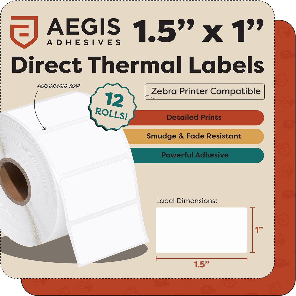 Aegis Adhesives - 1.5" X 1" Square Direct Thermal Multipurpose Labels for QR Codes, Perforated & Compatible with Zebra Desktop Printers - NOT Rollo Compatible (12 Rolls, 1300/Roll)