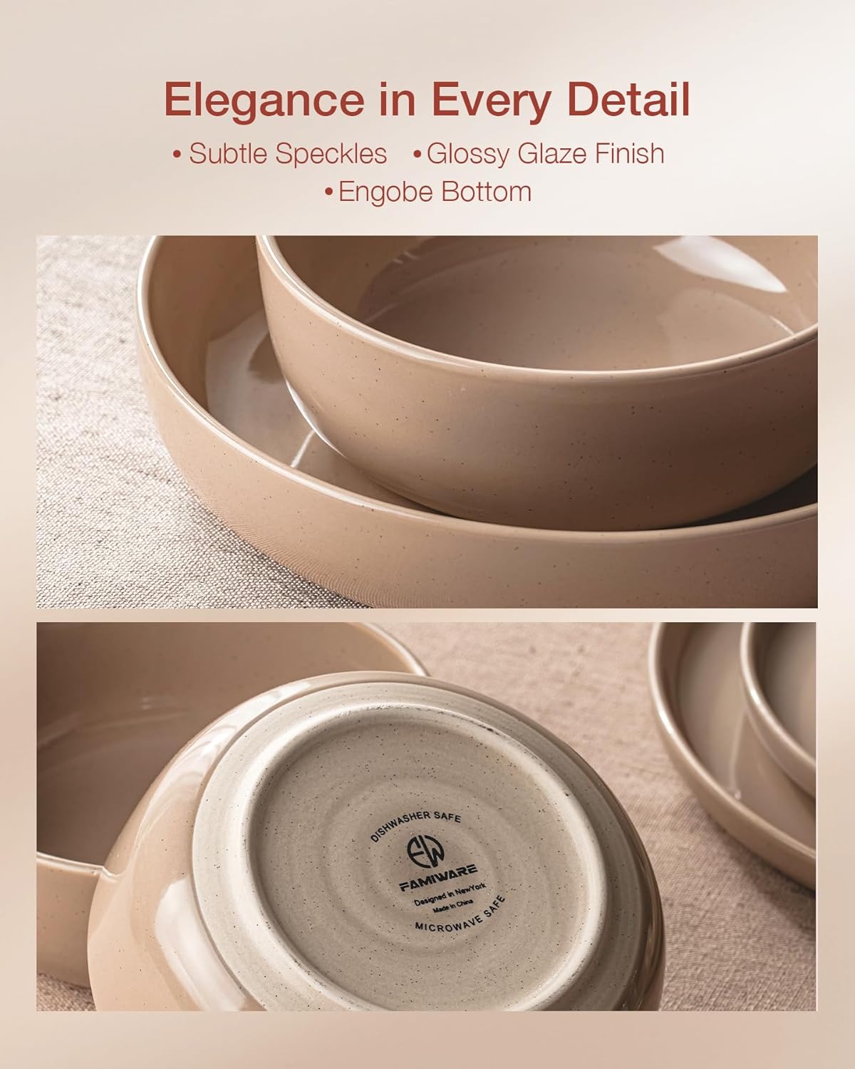 Famiware Milkyway Stoneware Dinnerware Sets with Pasta Bowls, Service for 4 (16 Pieces), Plates and Bowls Sets -Scratch Resistant, Microwave and Dishwasher Safe Dishes Set, Cinnamon Brown