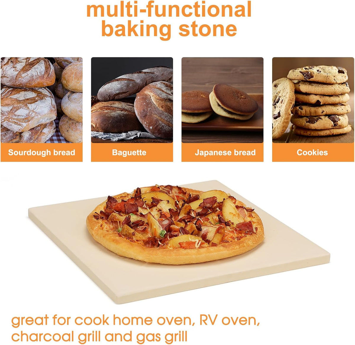 Small 10x10 inch Pizza Stone,for RV Camper Oven,Square baking stone Grill,Can make pizza, bread, pies,BBQ, Durable and Safe, Give away Plastic Scraper