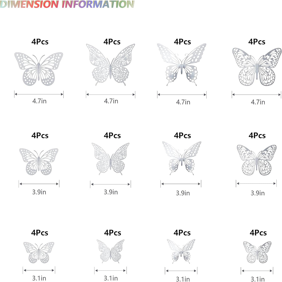 SAOROPEB 3D Butterfly Wall Decor, 48 Pcs 4 Styles 3 Sizes, Removable Metallic Wall Sticker Room Mural Decals for Kids Bedroom Nursery Classroom Party Decoration Wedding Decor DIY Gift (Sliver)
