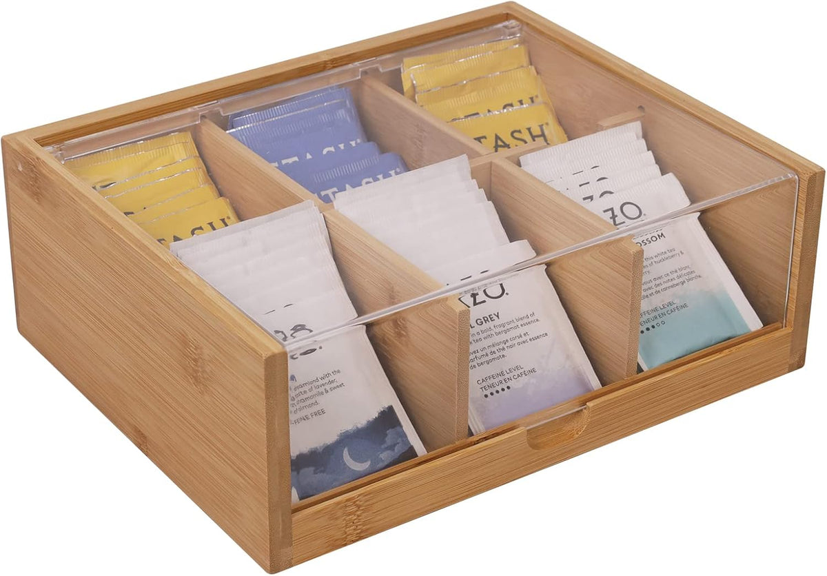 HTB Tea Bag Organizer 6 Compartments Gift Box Bamboo Tea Organizer for Tea Bags with Acrylic Transparent Hinged Lid