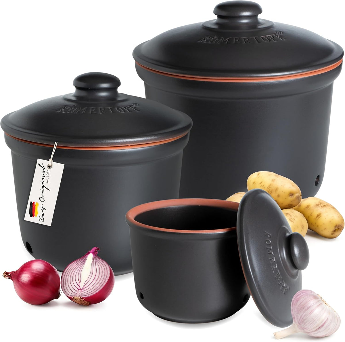 Romertopf Freshness Storage Potato Onion Garlic Clay Pot Set of 3 with Lids - Black