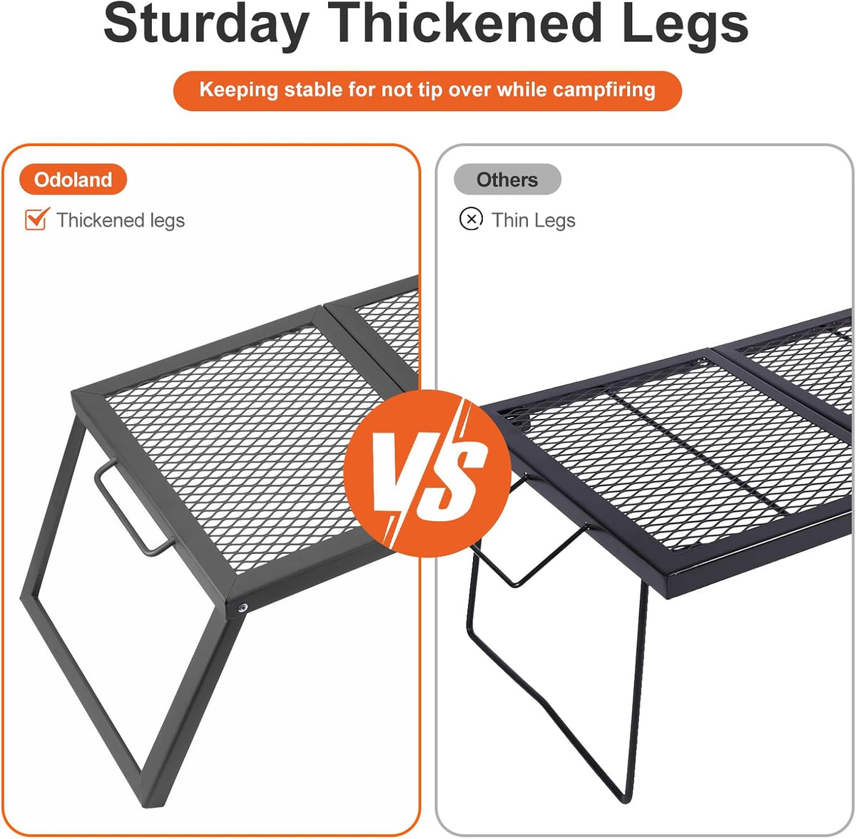 Odoland Folding Campfire Grill, Heavy Duty Steel Mesh Grate with Folding Legs and Storage Bag, Portable Camping Grates, Over Fire Pit Grill Rack for Outdoor Cooking and Bonfire