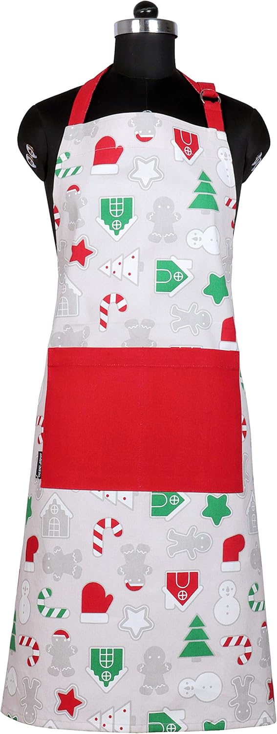AMOUR INFINI Cotton Aprons for Women with Pocket, Adjustable Strap & Waist Ties - Washable Aprons for Baking, Cooking, Gardening (27.5 x 33 Inches - Christmas Fun)