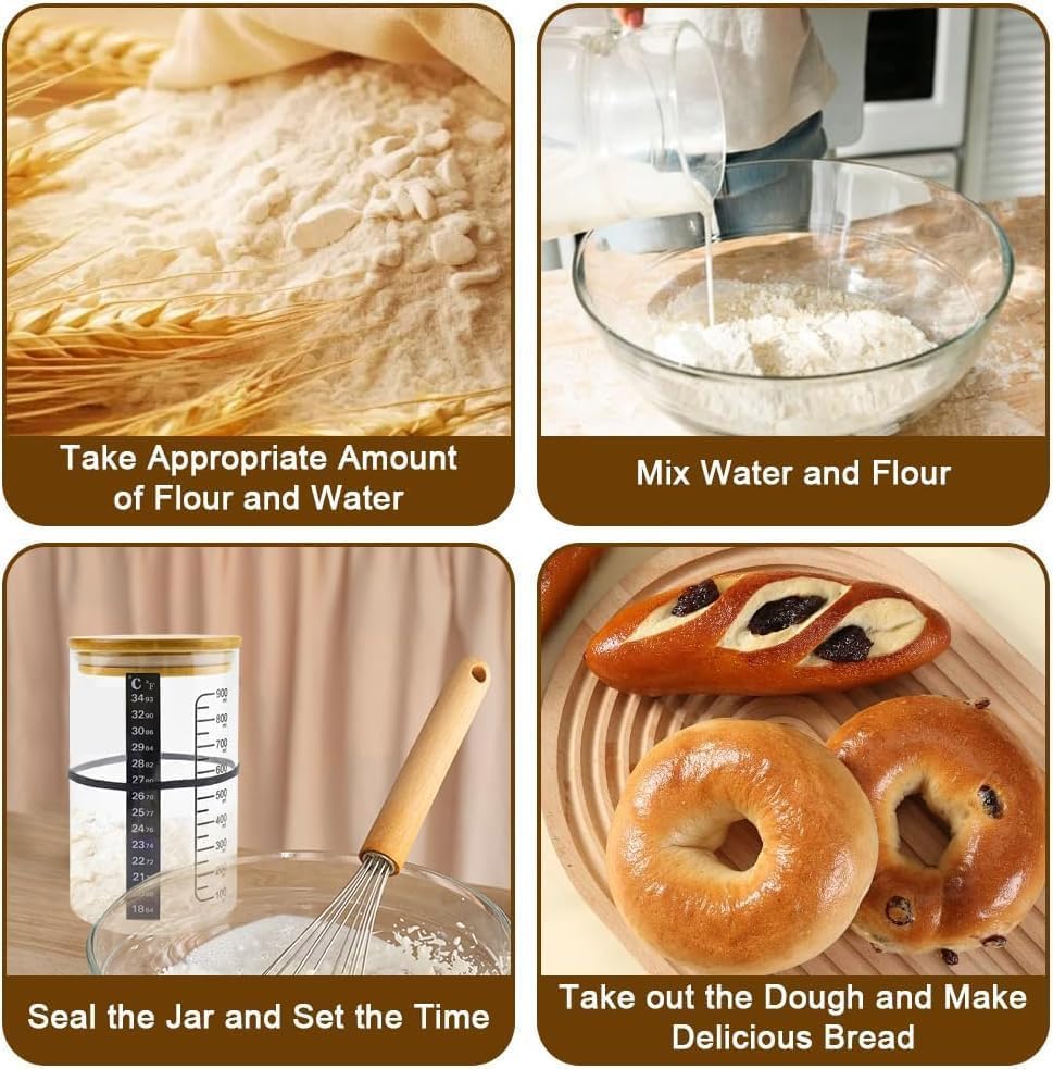 BRIRILINE Pro Sourdough Bread Starter Kit - 34 oz sourdough jar with 5 unique features for the perfect sour dough bread & sourdough starter kit - baking supplies (34oz-3pack)