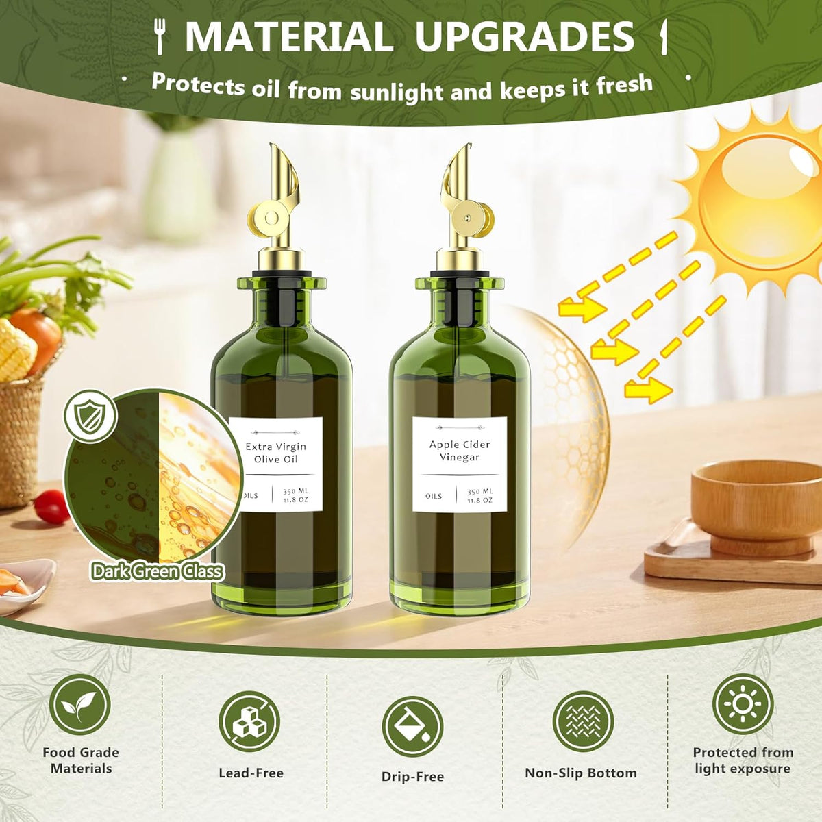 COOLMI Oil Dispenser for Kitchen - 12oz/350ml, Set of 2 Extra Thick Food Grade Glass Olive Oil Dispenser Bottle with Cleaning Brush, Stickers and Funnel (Gold)