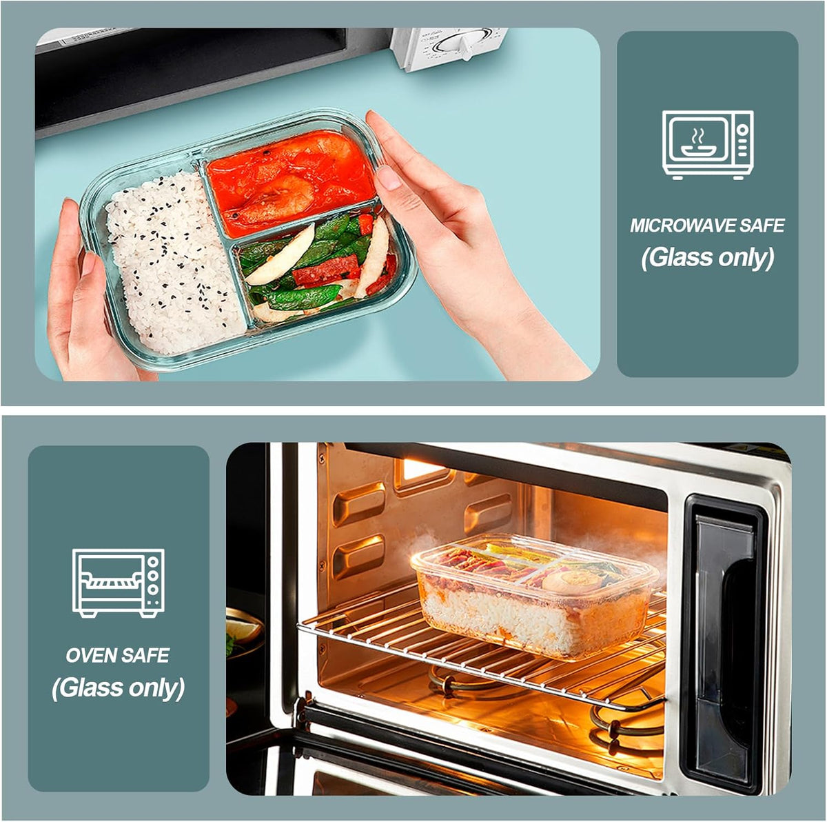 KOMUEE Glass Meal Prep Containers 3 Compartments, 5 Pack 36 oz, Glass Food Storage Containers with Lids, Airtight Lunch Bento Box, Portion Control, Freezer and Microwave Safe