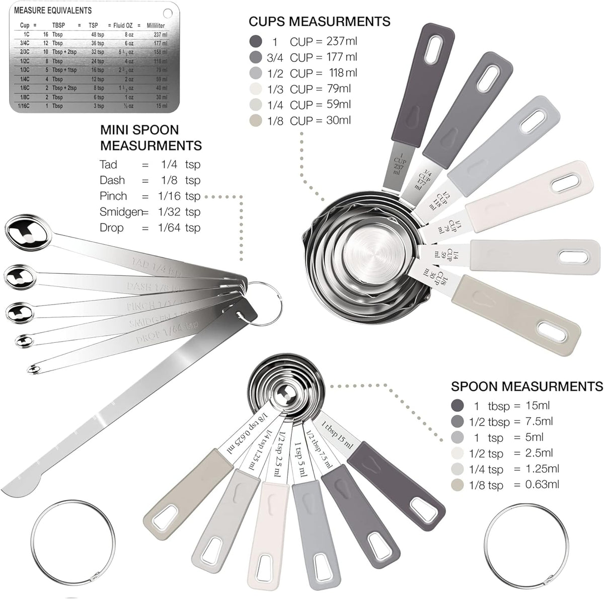 22-Piece Stainless Steel Measuring Cups and Spoons Set, Tad Dash Pinch Smidgen Drop Mini Measuring Spoons, Measuring Stick Leveler, Measurement Conversion Chart Fridge Magnet, (Charcoal)