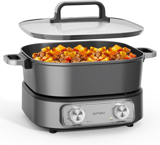 6-Quart Electric Skillet Hot Pot | Non-Stick PFOA-Free Ceramic-Coated Pot, 1600W, Timer & 3 Power Settings for Family Meals