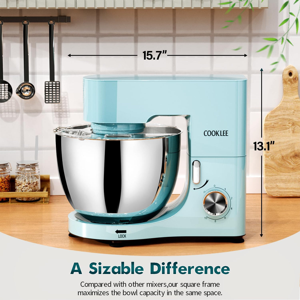 COOKLEE Stand Mixer, 9.5 Qt. 660W 10-Speed Electric Kitchen Mixer with Dishwasher-Safe Dough Hooks, Flat Beaters, Wire Whip & Pouring Shield Attachments for Most Home Cooks, Blue