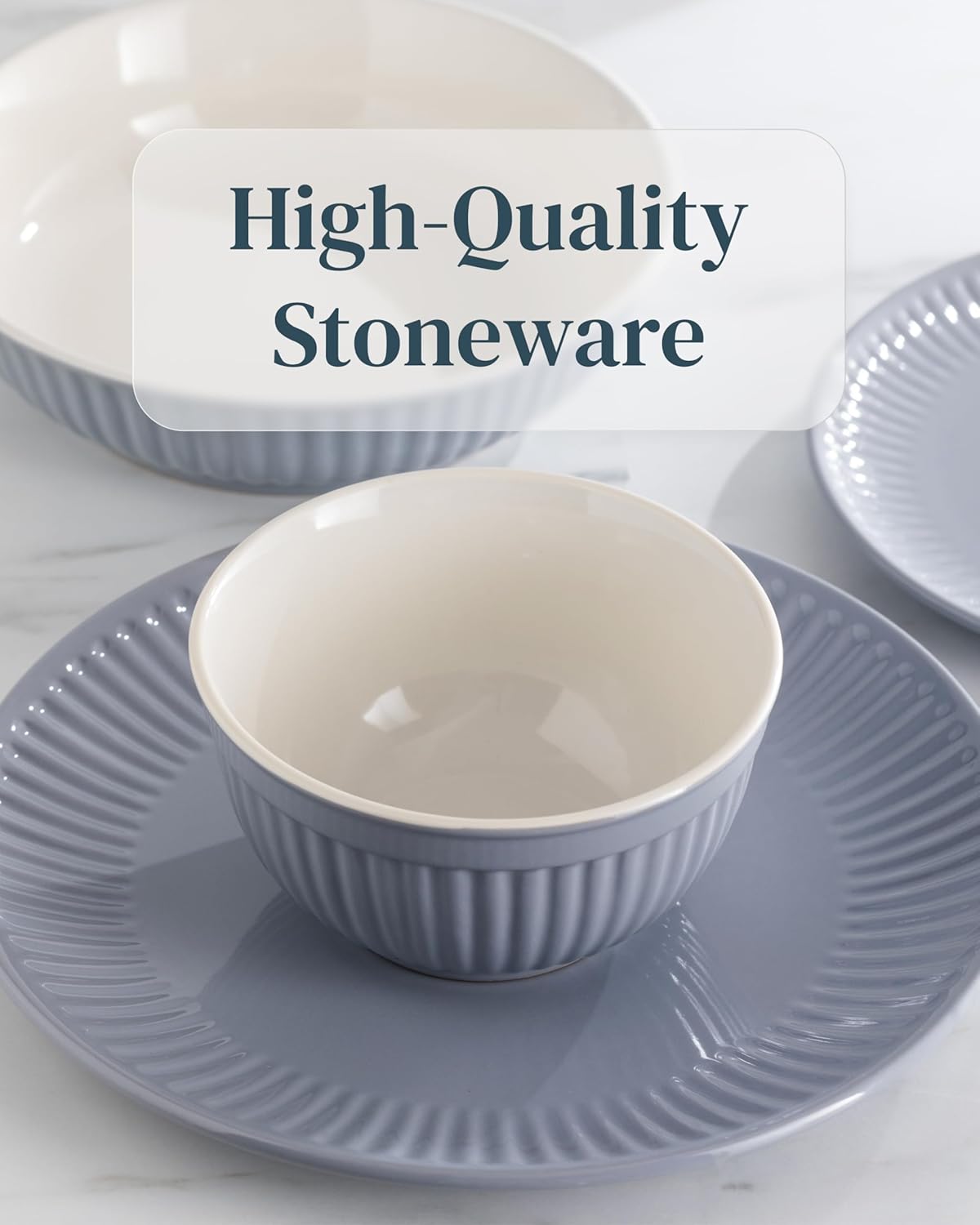 Stoneware Dinnerware Set for 8 People HYGGE 24-Piece - Elegant Scandi Design - Premium Dish Set - Bowl and Plate Set - Tableware for 8 People in a Ribbed Design - Pure Living in Gray-Blue