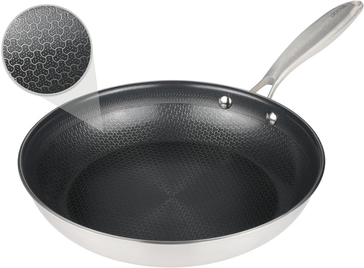 Stainless Steel Nonstick Frying Pan, Hybrid Ceramic 12-Inch Frying Pans, Stay-Cool Handle, PFAS & PFOA PTFE Free, Dishwasher & Oven Safe, Scratch-Resistant, Compatible with Induction & All Cooktops