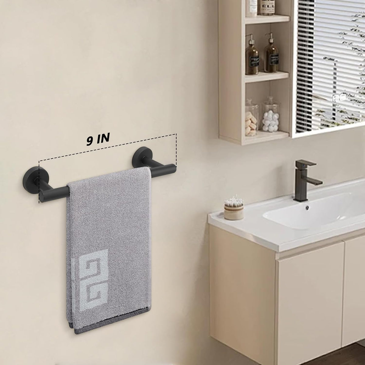 NearMoon Bathroom Towel Bar, Bath Accessories Thicken Stainless Steel Shower Towel Rack for Bathroom, Towel Holder Wall Mounted (1 Pack, Matte Black, 9 Inch)