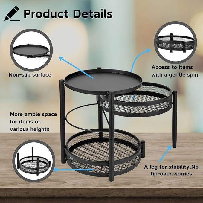 IBERG Spice Rack with Rotating Turnable Tier, Versatile Countertop Organizer for Kitchen Bathroom Accessories (Black)