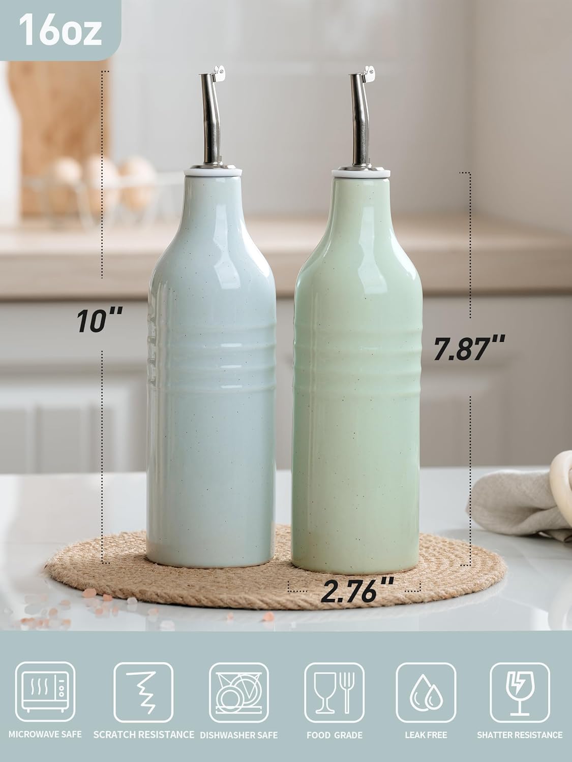 famiware Jupiter 16oz Ceramic Olive Oil Dispenser Bottle, Olive Oil and Vinegar Dispenser Bottle Set of 2 with Stainless Steel Pourers, Suitable for Storage Vinegar, Liquids, Light Blue & Light Green