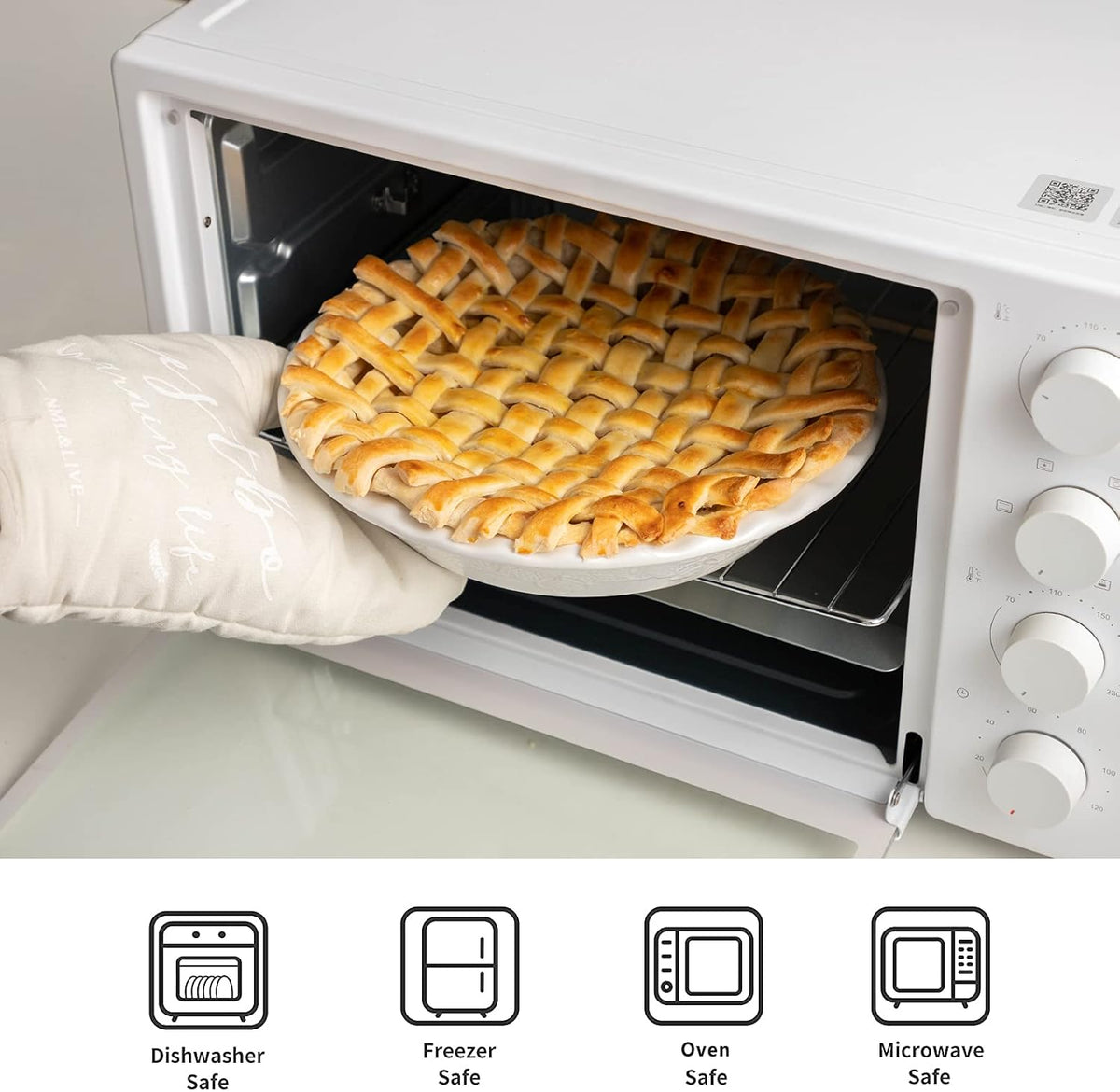 Fun Elements Pie Pan, 9 Inch Ceramic Pie Dish, Deep Dish Pie Pan with Lace Emboss, Ruffled Pie Plate for Baking, Thanksgiving Christmas Gifts(Bright White)