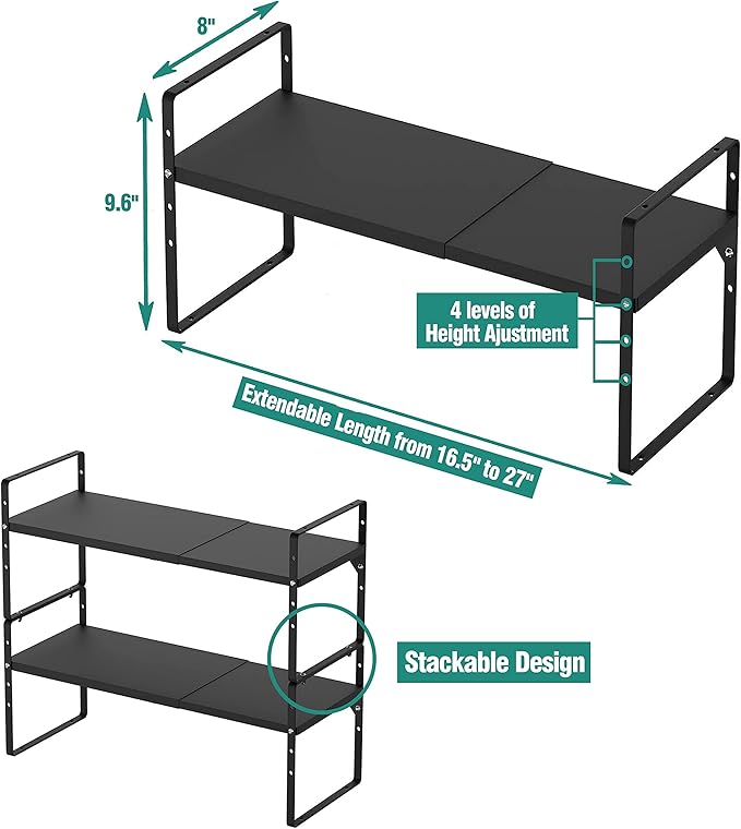 Expandable Cabinet Shelf Organizer Rack, Stackable Kitchen Counter Storage Shelves Stand, Adjustable Height Pantry Shelf Spice Rack, Heavy Duty Nonslip Black Small 1Pack