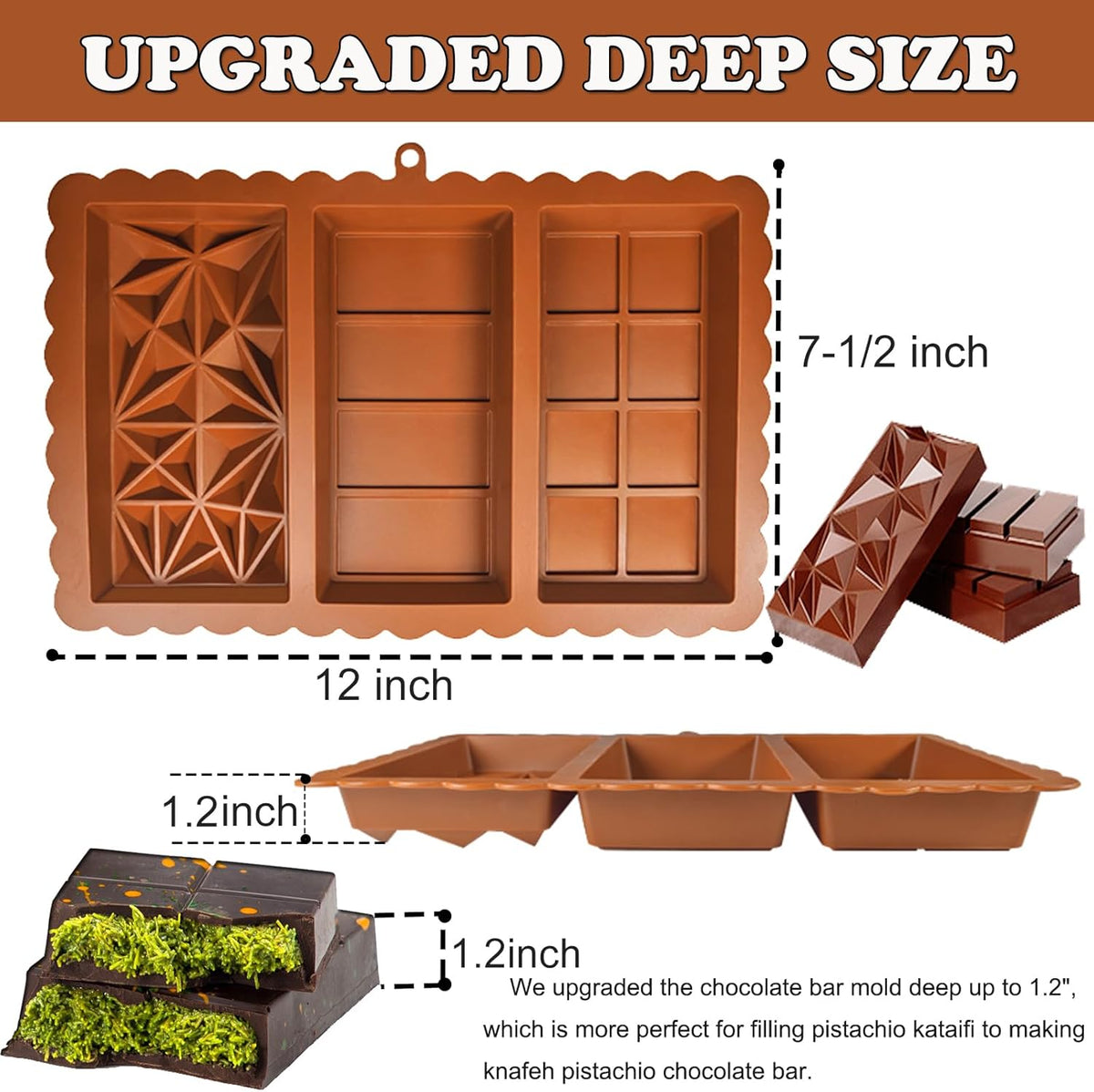 2 Pack Deep Chocolate Bar Mold 1.2 inch Kataifi Pistachio Dubai Chocolate Bar Kit Thick Silicone Molds for Stuffed Bar Large Big Candy Bar Mould for Filling