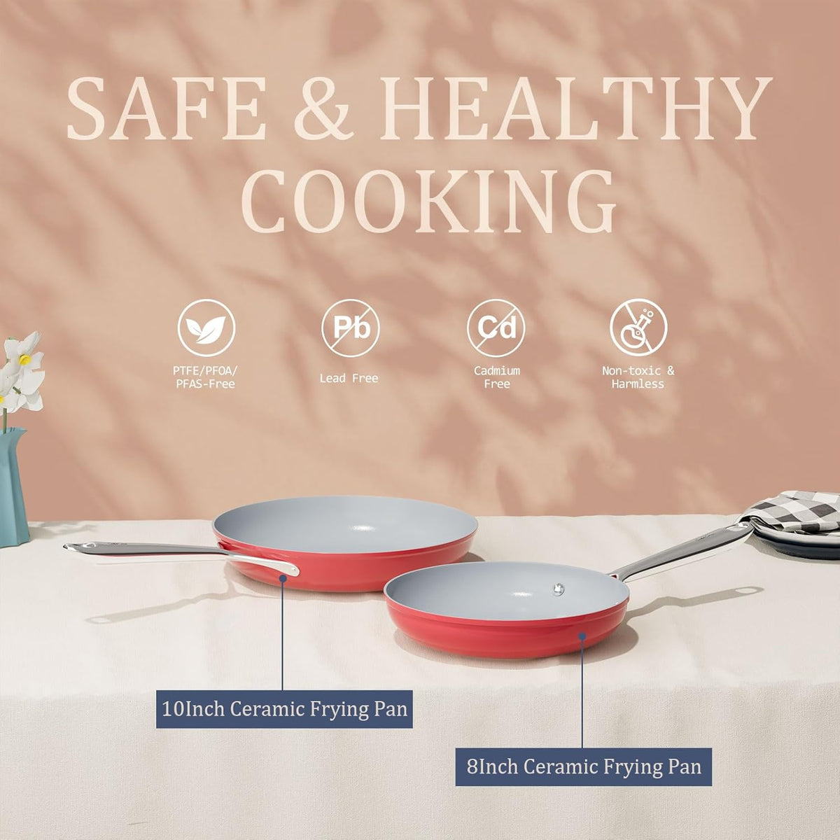 Nonstick Ceramic Frying Pan 10 Inch for Induction Cooktop - Non Toxic, PTFE/PFOA/PFAS Free, Oven & Dishwasher Safe up to 500°F - Non Stick Small Skillet with Stay-Cool Handle - Fusion Red