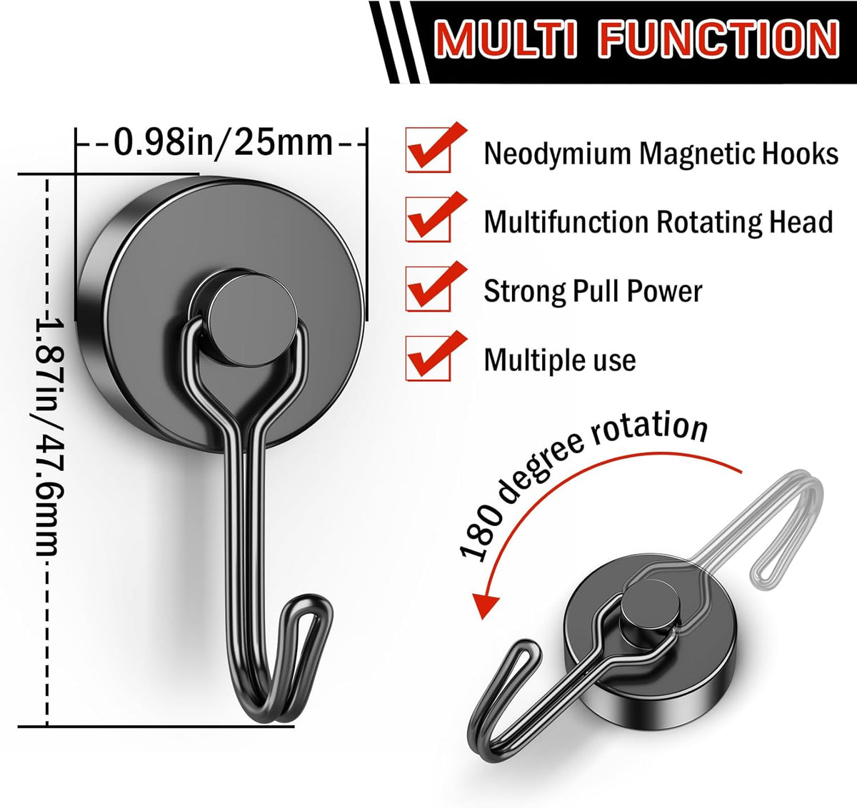 FINDMAG Black Magnetic Hooks, 60 LB+ Magnetic Hooks Heavy Duty 2025 Cruise Ship Essentials, Stong Neodymium Magnet Hooks for Refrigerator, Workplace, Curtain, Locker Accessories, Home - 6 Pack